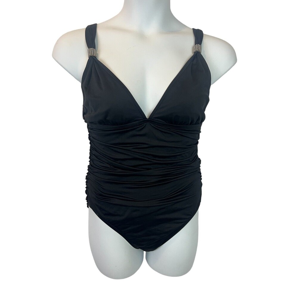 Carman Marc Valvo Black Ruched V-Neck One Piece Swimsuit Women's Size 14